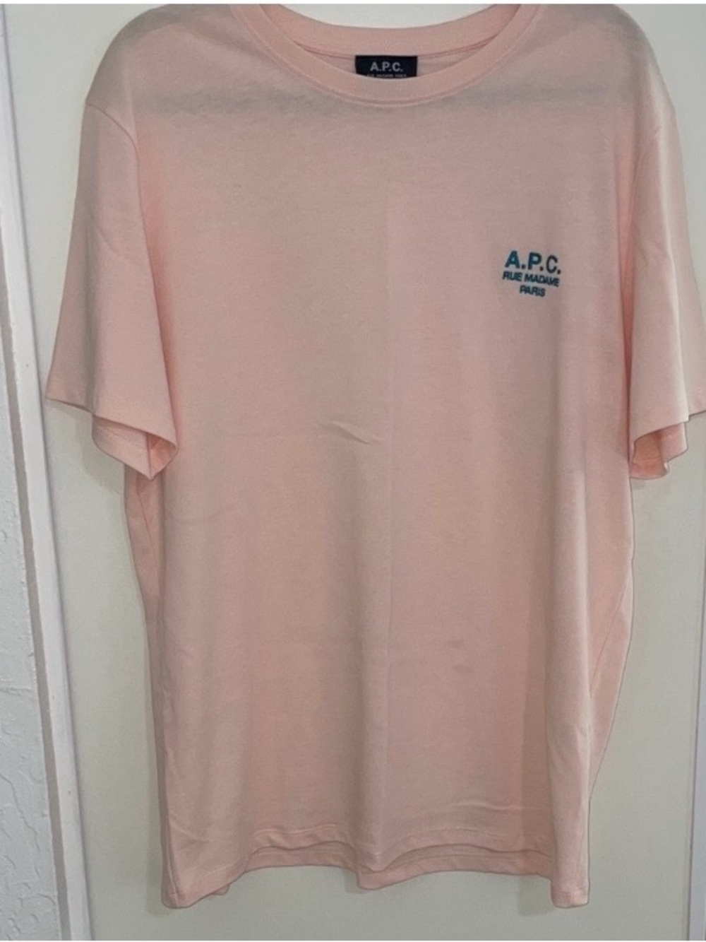 A.P.C. Short-Sleeve Crewneck T-Shirt in Pale Peach / Pink with Small Blue Logo - Picture 4 of 9